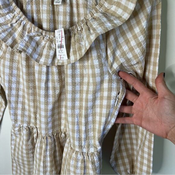 J Crew Seersucker ruffle neck mini dress Tan and White Tiered Gingham size 0 XS - Picture 6 of 12